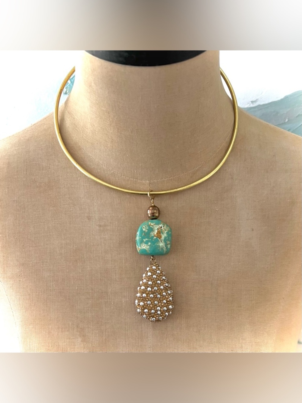 Artisan Gold Collar Choker with Turquoise and Beaded Teardrop Pendant
